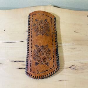 Vtg Tooled Handmade Leather Eye Glasses Case Spectacles Embossed Floral Design